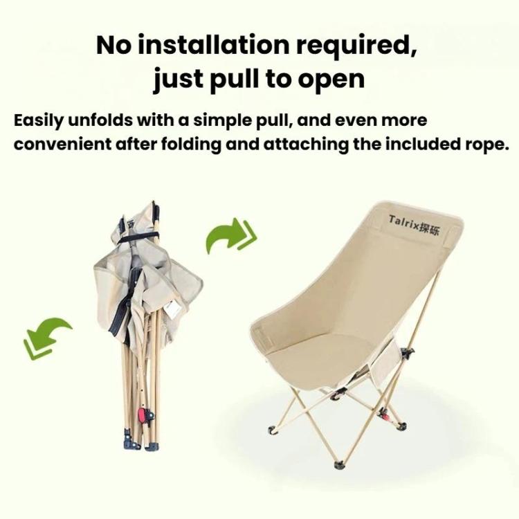 Portable folding moon chair with light beige seat and folding frame legs