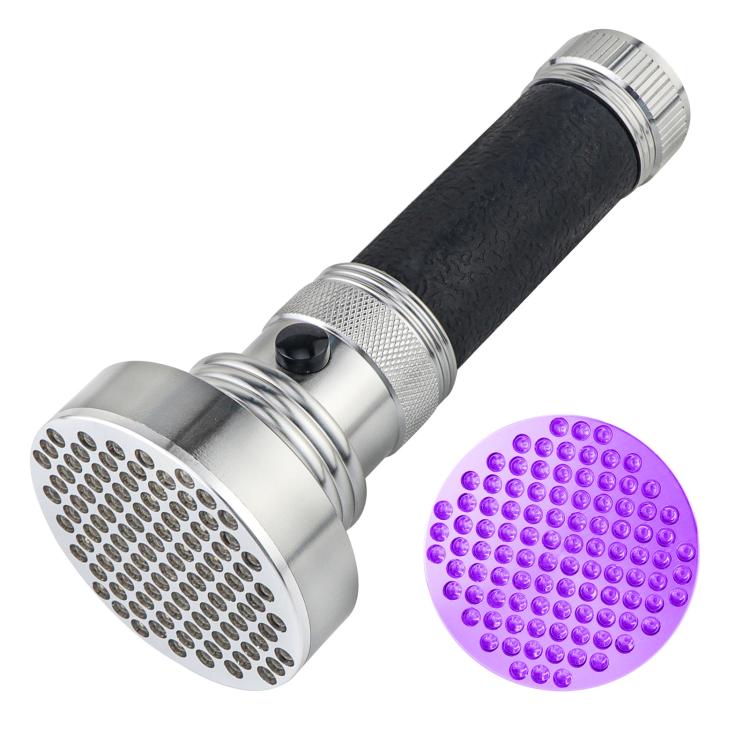 UV flashlight with textured black handle, silver grille head, and bright purple LEDs