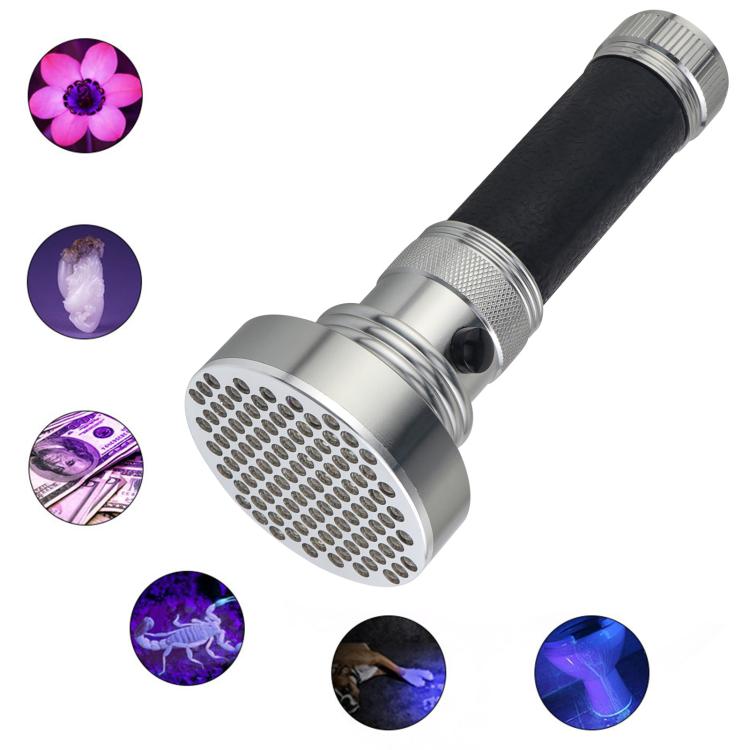 UV flashlight with purple light icons showing items like flower, coin, and stains