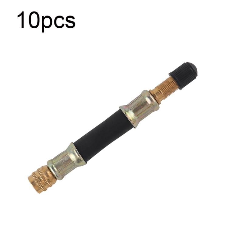 Black bicycle pump extension rubber hose with copper fittings and valve cap