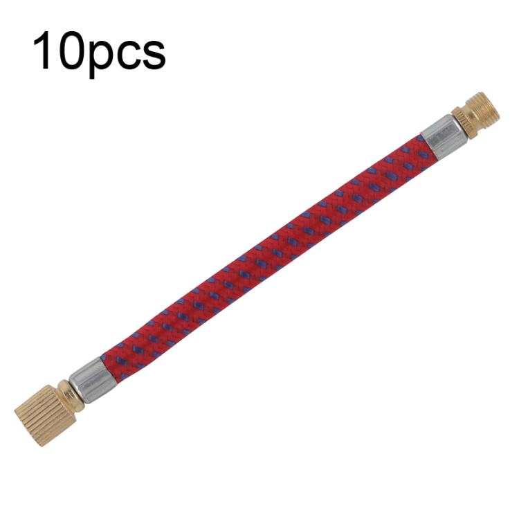 Red braided bicycle pump extension hose with copper ends and valve cap