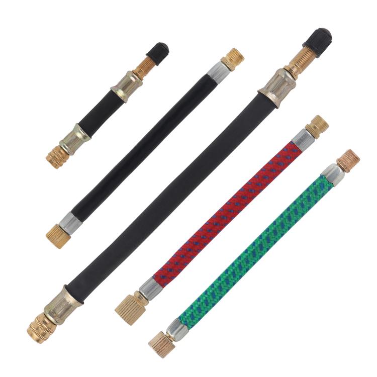 Set of five bicycle pump extension hoses in black, red, and green with copper ends