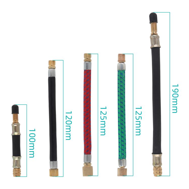 Assorted length bicycle pump extension hoses with copper fittings in black, red, and green
