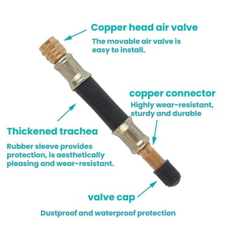 Black bicycle pump extension rubber hose with copper connectors and protective valve cap