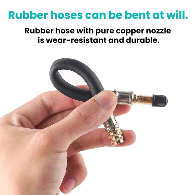 Black rubber bicycle pump extension hose with brass nozzle adapters and valve caps