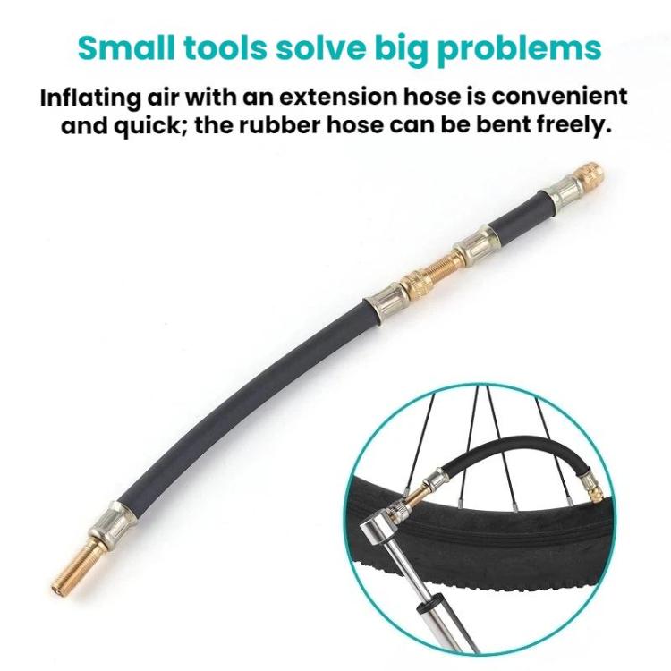 Black rubber bike pump extension hose with brass connectors for quick inflation