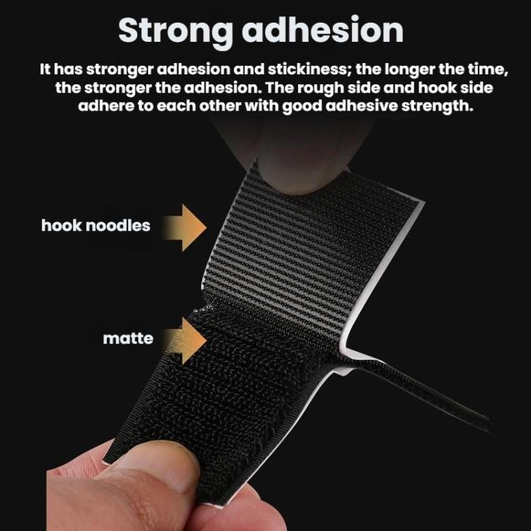 Black hook-and-loop adhesive strip with textured hook and matte surfaces