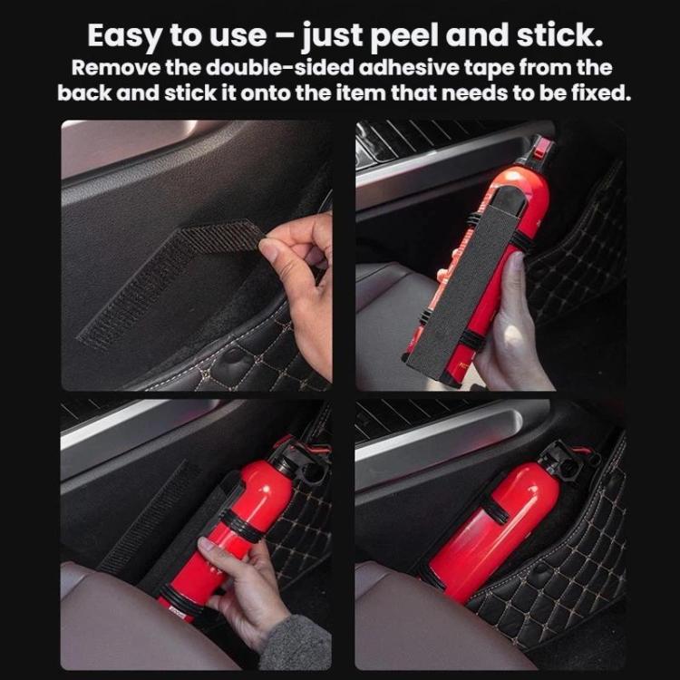 Black adhesive hook-and-loop strip being peeled and pressed onto car trim