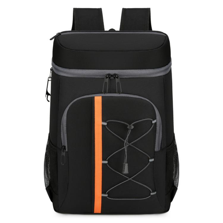 Black insulated backpack cooler with front zip pocket, orange stripe, and mesh side pockets