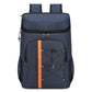 Blue insulated backpack cooler with front zip pocket, orange stripe, and mesh side pockets