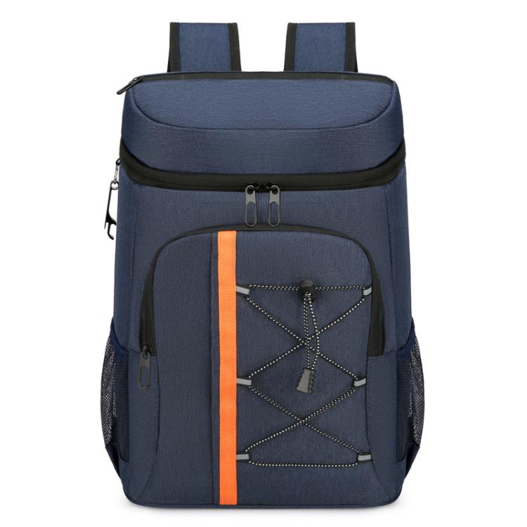 Blue insulated backpack cooler with front zip pocket, orange stripe, and mesh side pockets