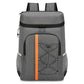 Deep gray insulated backpack cooler with front zip pocket, orange stripe, and mesh side pockets