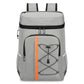 Light gray insulated backpack cooler with front zip pocket, orange stripe, and mesh side pockets