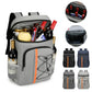 Gray insulated backpack cooler with front organizer pocket and multiple side storage compartments