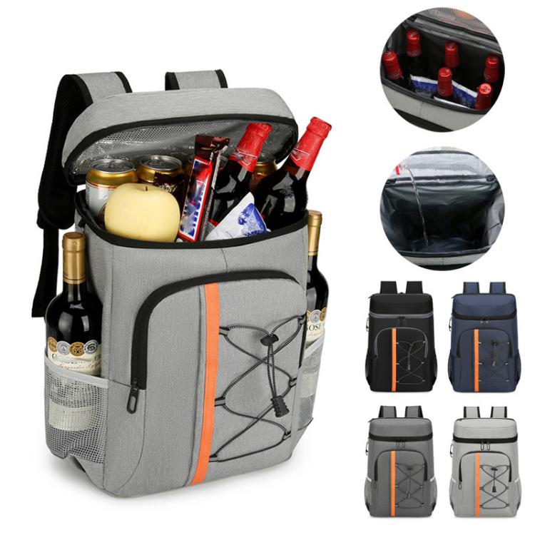 Gray insulated backpack cooler with front organizer pocket and multiple side storage compartments