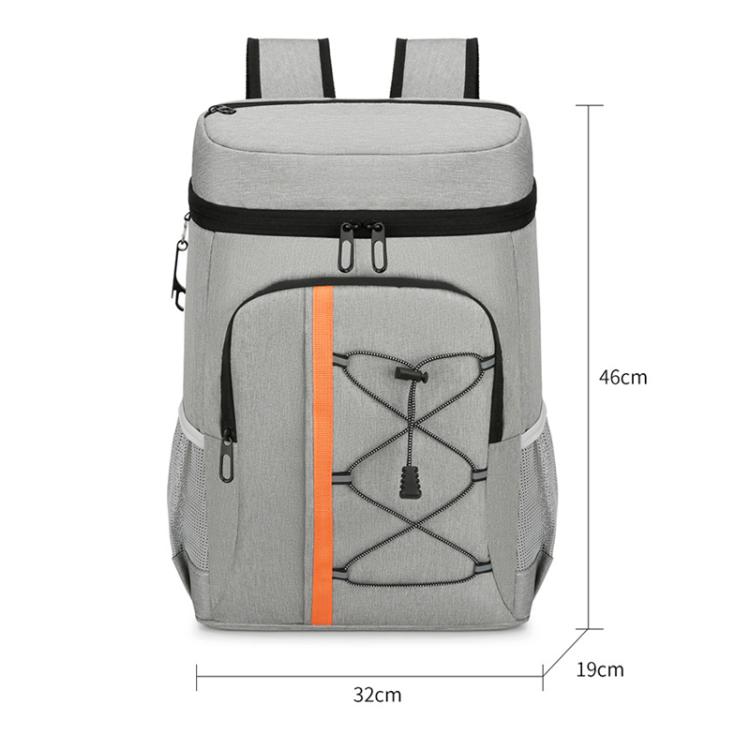 Insulated backpack cooler front view, light gray with orange stripe and top zip compartment