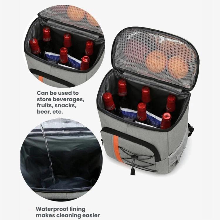 Gray insulated backpack cooler with open top and interior compartment plus mesh zip pocket