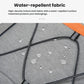 Gray insulated backpack fabric with water droplets and contrast stitching on rounded panel