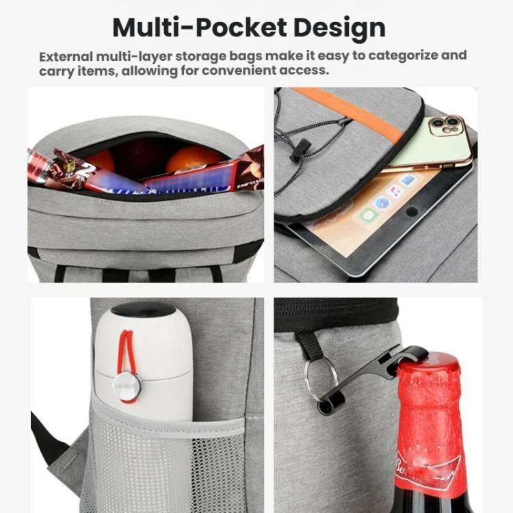 Gray insulated backpack cooler with multiple exterior pockets and side bottle/utility holders
