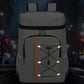 Light gray insulated backpack cooler with front zip window pocket and orange vertical stripe