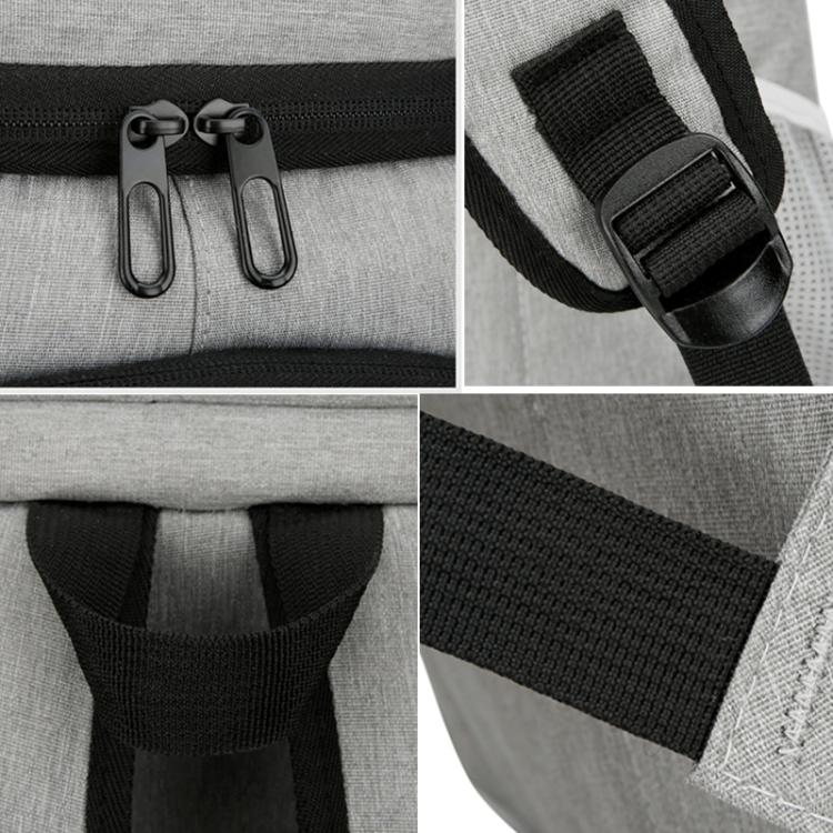 Insulated backpack cooler, gray fabric with black straps and side carry handle loops