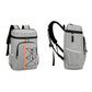 Insulated backpack cooler, light gray with black straps and orange vertical stripe, front zip pocket