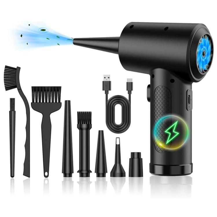 Cordless handheld blower vacuum in black with LED ring and included nozzle attachments