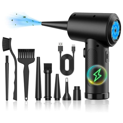 Cordless handheld blower vacuum in black with LED ring and included nozzle attachments