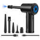 Cordless handheld blower vacuum in black with extended nozzle and accessory attachments