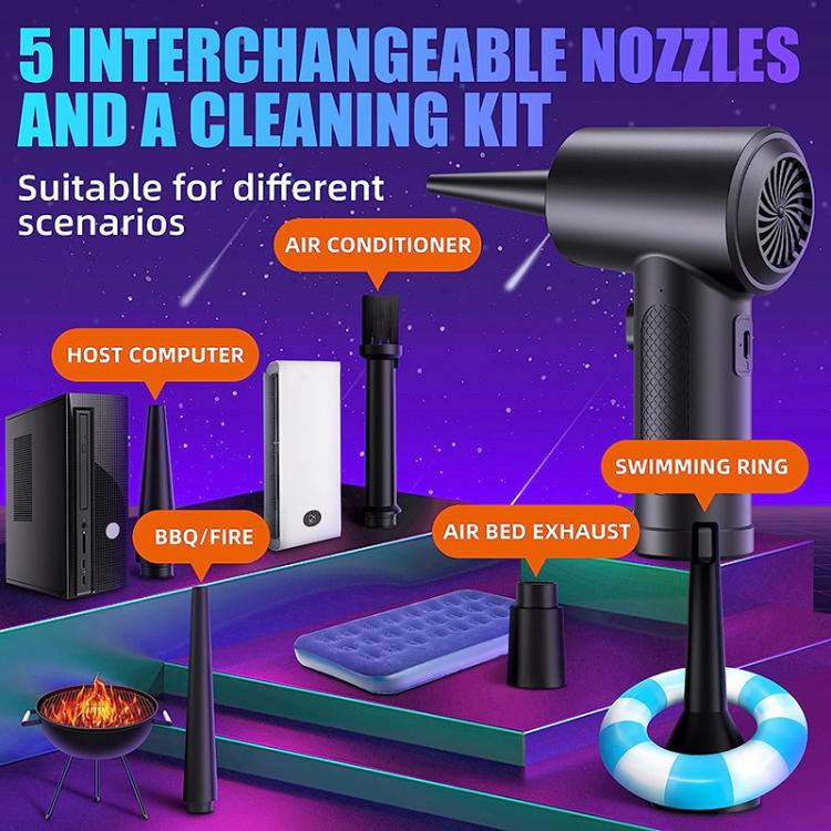 Cordless handheld blower vacuum in black with multiple interchangeable nozzle attachments set