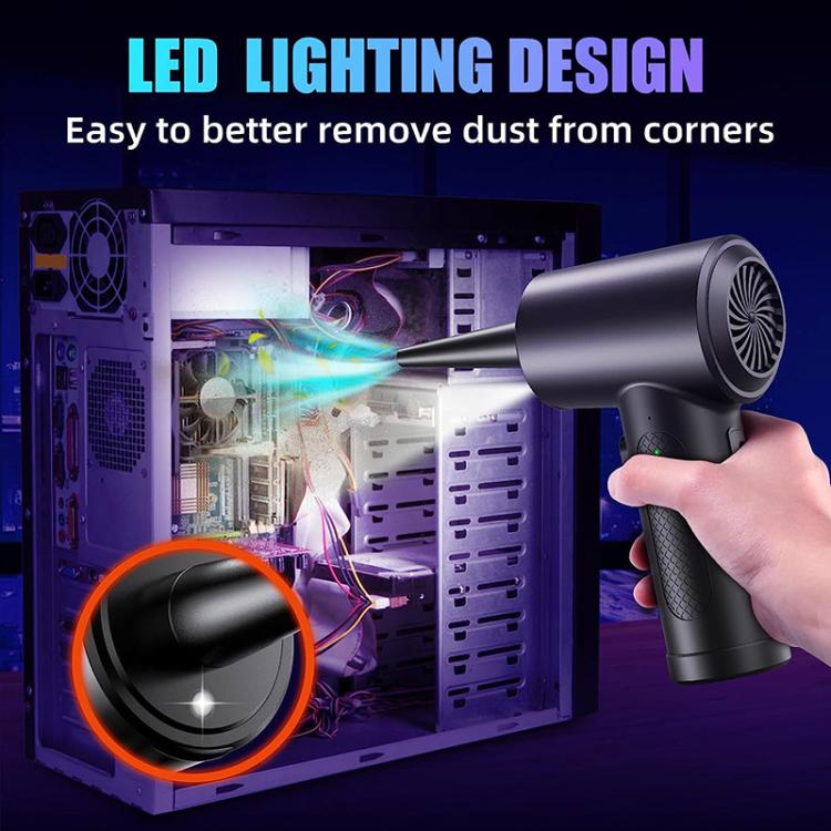 Cordless handheld blower vacuum in black with built-in LED light and front fan outlet