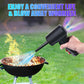 Cordless handheld blower vacuum in black held in hand, blowing air from nozzle