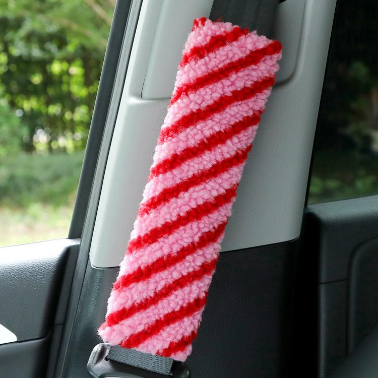 Car seatbelt lamb wool shoulder pad, red and white striped plush strap cover
