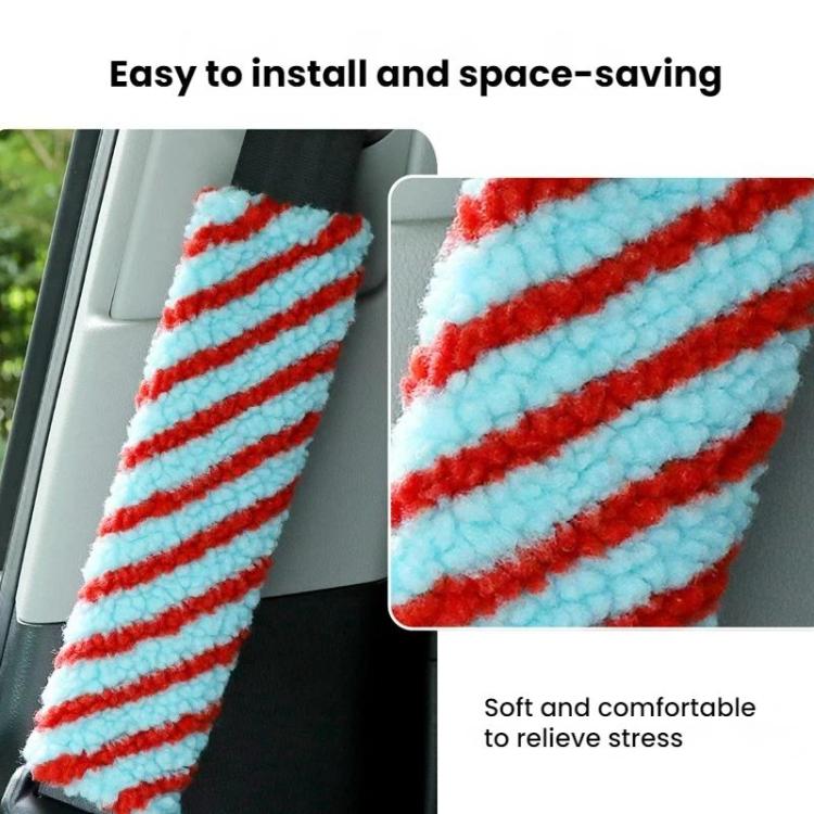 Car seatbelt lamb wool shoulder pad decorations, light blue and red striped, pair