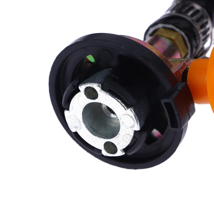 Outdoor inflation valve head with black housing, orange knob, and metal connector plate