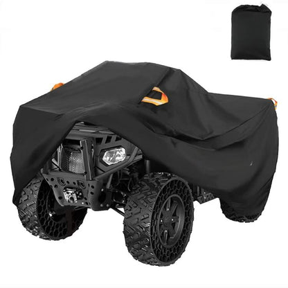 ATV dust waterproof cover with hooded black fabric over quad wheels and front