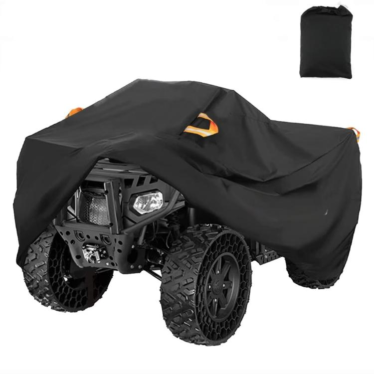 ATV dust waterproof cover covering handlebars and tires, black fabric with straps