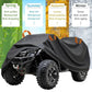 ATV dust waterproof cover on quad with orange loop handles over black fabric