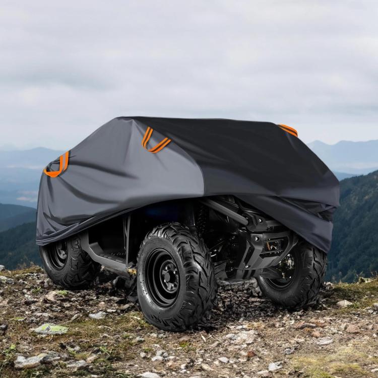 ATV dust waterproof cover, black hooded cover with orange reflective trim on quad