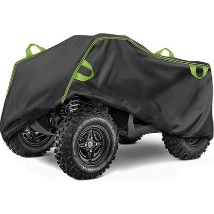 Thick black ATV cover with neon green trim, covering wheels and body for protection