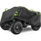 Thick black ATV waterproof cover with neon green trim and loop handles on top