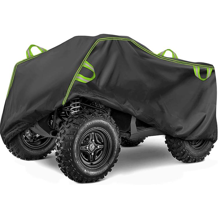 Thick black ATV waterproof cover with neon green trim and loop handles on top