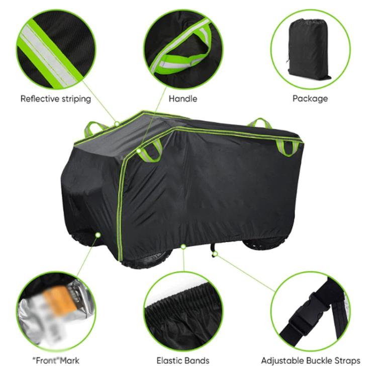 Black ATV cover with neon green reflective trim, handles, elastic bands, and buckle straps