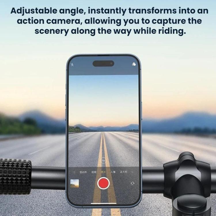 Adjustable bike phone mount holding smartphone in landscape orientation