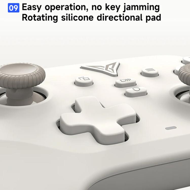 White wireless gamepad with cross-shaped silicone directional pad and two thumb sticks