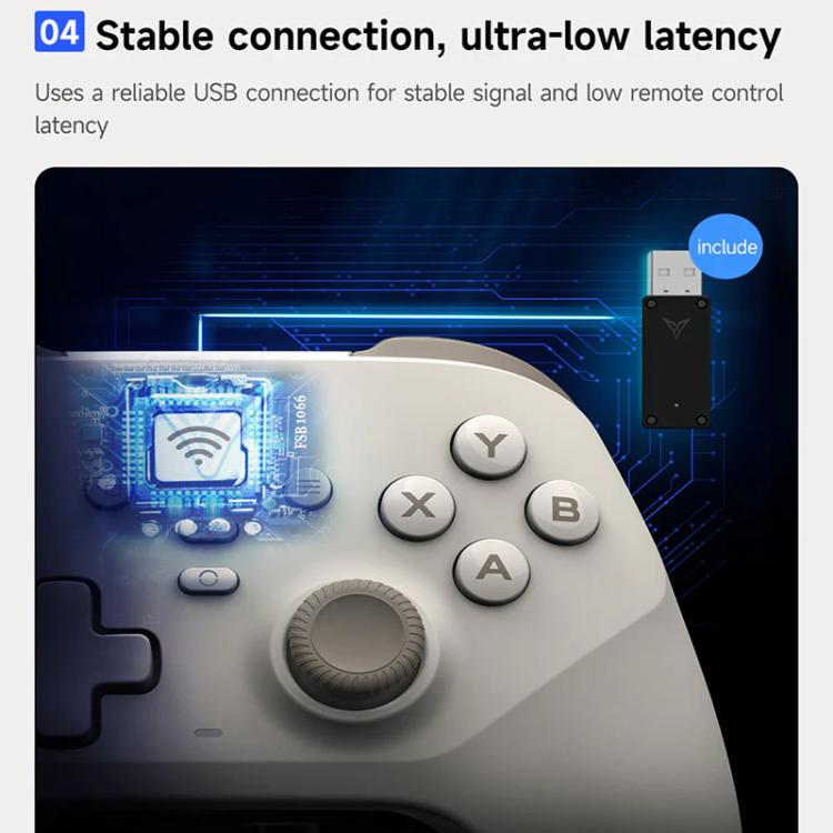 White gamepad controller with face buttons and thumbstick, plus USB receiver dongle