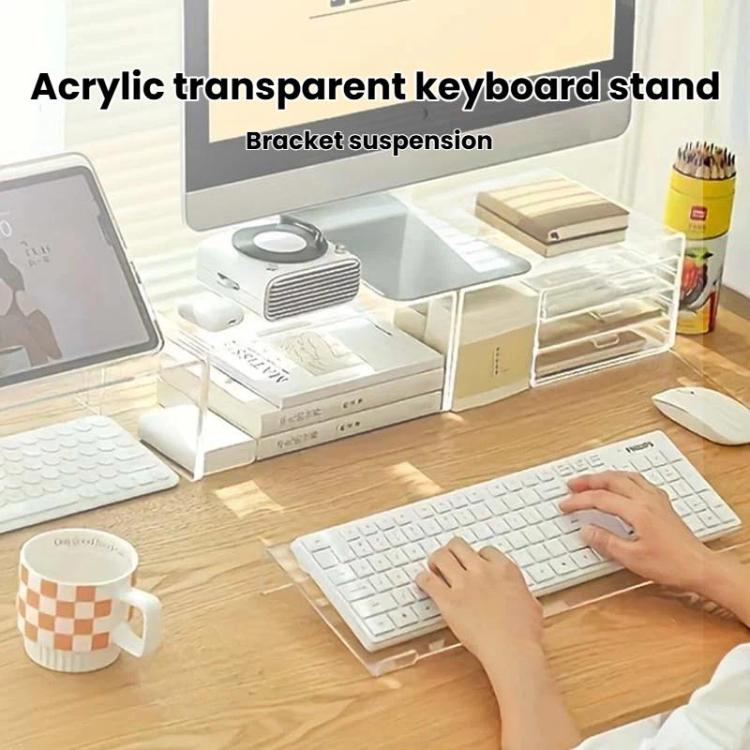 Clear acrylic keyboard stand bracket on desk, raised platform for keyboard