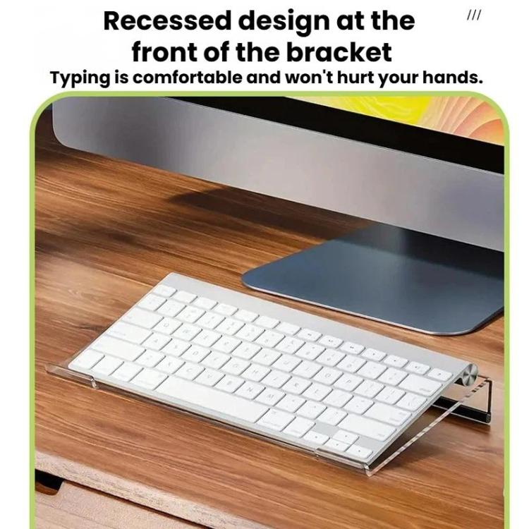 Transparent acrylic keyboard stand bracket with recessed front edge for comfort