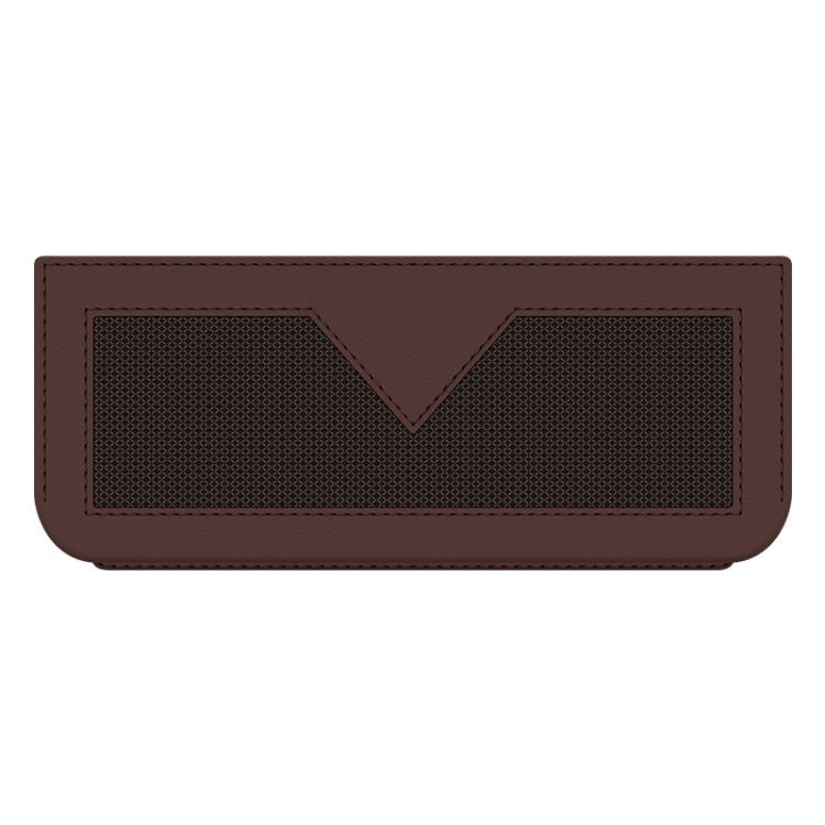 Brown car storage net pocket bag with V-shaped center panel and mesh front.