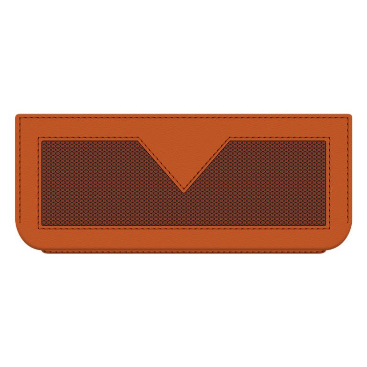 Orange car storage net pocket bag with V-shaped center panel and mesh front.